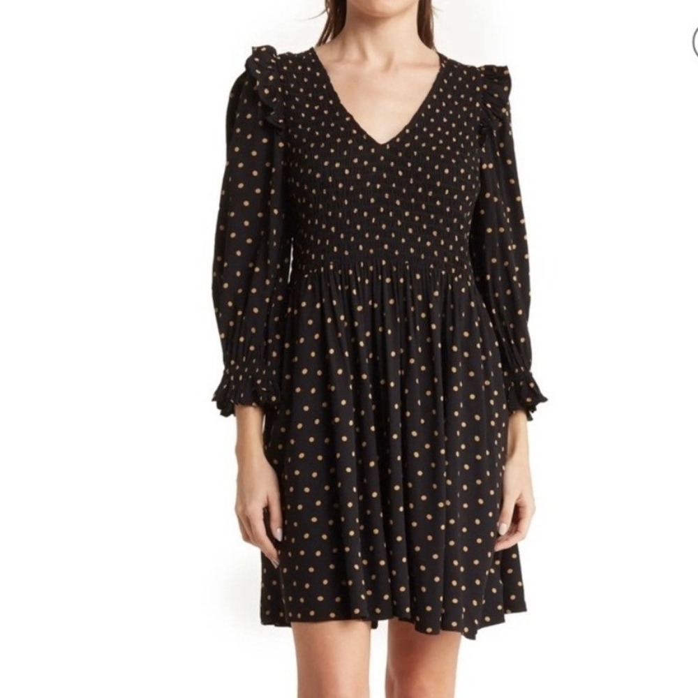 Madewell Smocked Ruffle Shoulder Mini Dress Black Gold Polka Dot Viscose Small